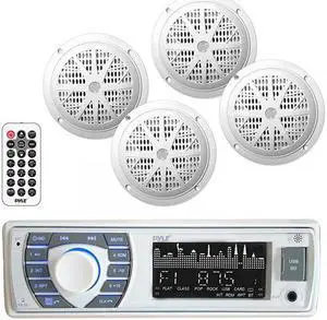 Bluetooth Marine Receiver Stereo & Speaker Kit, Hands-Free Calling, Wireless Streaming, MP3/USB/SD Readers, AM/FM Radio, (4) 6.5 Waterproof Speakers (PLMRKT38W)