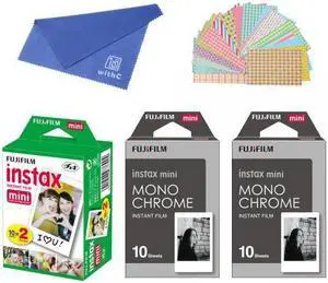 Fujifilm Instax Mini Instant Film 3-PACK BUNDLE SET , Twin Pack ( 20 ) + 2-SET Monochrome ( 20 ) + Original Cleaning Cloth + Stickers 20 pcs. for Mini 90 8 70 7s 50s 25 300 Camera SP-1 Printer