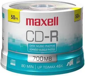 Maxell MAX648250 CD Recordable Media, CD-R, 48x, 700 MB, 50 Pack Spindle