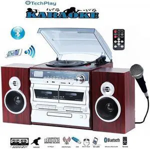 TechPlay Karaoke Enabled, 30W RMS, Retro Classic Turntable, NFC Bluetooth, Double cassette Player/Recorder, CD MP3 player, USB SD ports, AM/FM digital alarm clock and full remote control