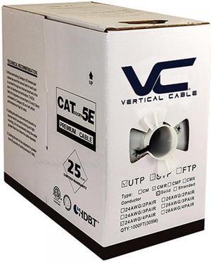Vertical Cable Cat5e, 350 MHz, UTP, 24AWG, 8C Solid Bare Copper, 1000ft, Black, Bulk Ethernet Cable
