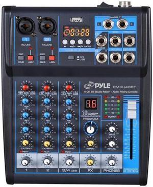 Pyle Professional Audio Mixer Sound Board Console System Interface 4 Channel Digital USB Bluetooth MP3 Computer Input 48V Phantom Power Stereo DJ Studio Streaming FX 16-Bit DSP processor - (PMXU43BT)
