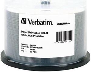 verbatim cdr 700mb 52x datalifeplus white inkjet printable, hub printable, 50disc spindle 94755