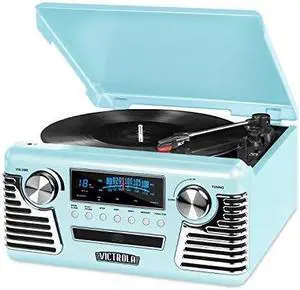 victrola 50's retro 3speed bluetooth turntable with stereo, cd player and speakers, teal
