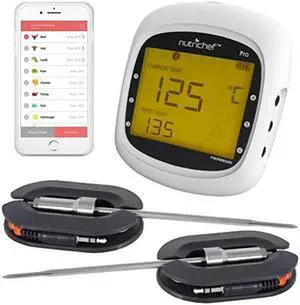 smart bluetooth bbq grill thermometer  upgraded stainless dual probes safe to leave in outdoor barbecue meat smoker  wireless remote alert ios android phone wifi app  nutrichef pwirbbq80