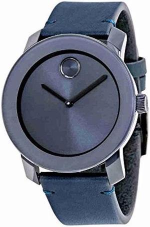 movado men's swiss quartz stainless steel and leather watch, color blue model: 3600370