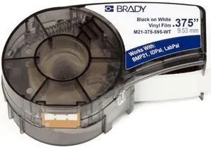 brady high adhesion vinyl label tape m71c2000595wt  black on white vinyl film  compatible with bmp21plus, idpal, and labpal label printers  21' length, .375" width