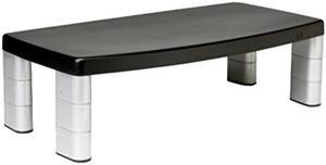3m extra wide adjustable monitor stand, three leg segments simply adjust height from 1" to 5 7/8", sturdy platform holds up to 40 lbs, 16inch space between columns for storage, silver/black ms90b