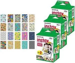 3x fujifilm instax mini instant film 60 exposures + 20 sticker frames for fuji instax prints travel package