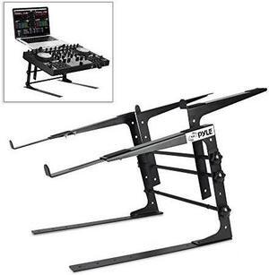 pyle portable dual laptop stand  universal standing table with adjustable height, ergonomic design & antislip prongs for dj mixer, sound equipment, workstation, gaming & home use  plpts38