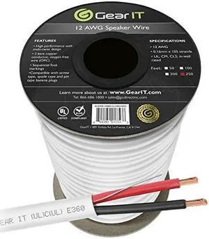 gearit 12 awg cl2 rated ofc speaker wire, pro series 12 gauge 250 feet / 76.2 meters/white ofc oxygen free copper ul cl2 rated for inwall speaker wire cable