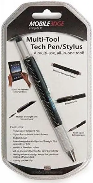 mobile edge black multitool tablet and touch screen capacitive stylus and twist open tech pen combo, with screwdrivers, ruler and level measpm1