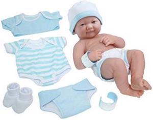 la newborn nursery 8 piece layette baby doll gift set, featuring 14" lifelike smiling newborn doll, blue
