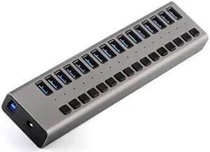 usb 3.0 hub super speed splitter,16 ports usb data hub with power adapter,individual on/off switches and lights for laptop, pc,