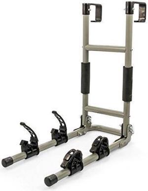 camco rv ladder mount bike rack  easily installs on standard rv ladders, holds two bikes at once, folds for convenient storage 51492
