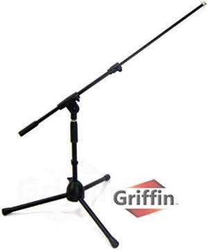 Short Microphone Stand with Boom Arm by GRIFFIN | Low Profile Tripod Mic Stand Mount for Kick Bass Drum, Studio Desktop Recording, Singing, & Guitar Amplifiers | Small Height Telescoping Boom Holder