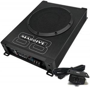 powered subwoofer by massive audio | boom88 car subwoofers under seat slim hideaway | low profile compact underseat woofer with amazing sound | built in amplifier, 8 inch 400 watt, gain remote include