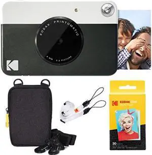kodak printomatic instant camera black basic bundle + zink paper 20 sheets + deluxe case + comfortable neck strap