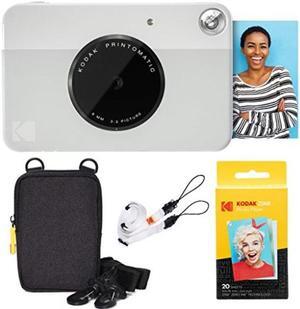 kodak printomatic instant camera grey basic bundle + zink paper 20 sheets + deluxe case + comfortable neck strap
