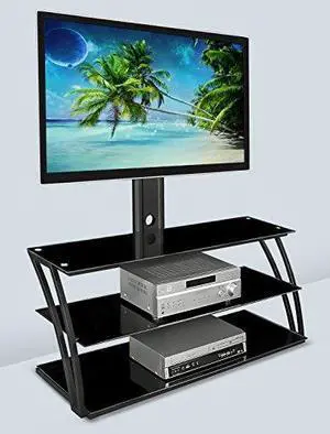 mountit! tv stand with mount and storage shelves, entertainment center fits 32 to 60 inch screens, vesa 100x100 to 600x400, glass shelving, 88 lbs, black mi864