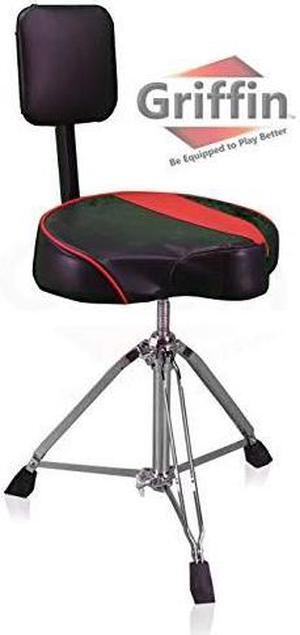 Saddle Drum Throne with Backrest Support by GRIFFIN | Padded Leather Drummer Motorcycle Biker Style Seat | Swivel Adjustable Height Music Drum Chair | Musicians Guitar Stool | Percussion Tractor Top