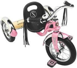 schwinn roadster tricycle with classic bicycle bell and handlebar tassels, featuring retro steel frame and adjustable seat, for children and kids ages 24 years old, pink