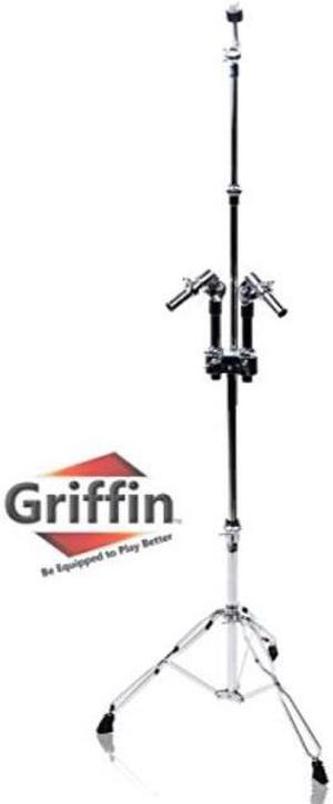 Double Tom Drum Stand with Cymbal Arm by GRIFFIN | Drummers Percussion Set Hardware with Dual Drum Mounts | Medium Duty Tom Holder with Double Braced Tripod Legs | Accommodates All Standard Cymbals