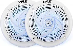 lowprofile waterproof marine speakers  240w 6.5 inch 2 way 1 pair slim style waterproof weather resistant outdoor audio stereo sound system w/blue illuminating led lights  pyle white