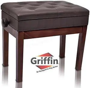 Adjustable Piano Brown PU Leather Bench by GRIFFIN | Vintage Stylish Design, Heavy-Duty & Ergonomic Keyboard Stool | Comfortable Seat & Convenient Hidden Storage Space Perfect For Home & Professional Adjustable Piano Brown PU Leather Bench by GRIFFIN | Vintage Stylish Design, Heavy-Duty & Ergonomic Keyboard Stool | Comfortable Seat & Convenient Hidden Storage Space Perfect For Home & Professional