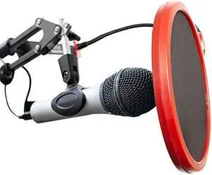 deco gear universal double layer pop filter microphone wind screen with adjustable goose neck mic stand clip black with red trim