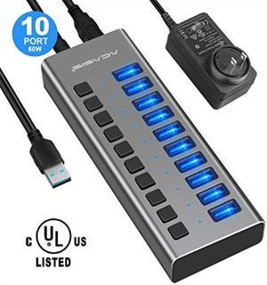 powered usb hub  acasis 10 ports 60w usb 3.0 data hub  with individual on/off switches and 12v/5a power adapter usb hub 3.0 splitter for laptop, pc, computer, mobile hdd, flash drive and more