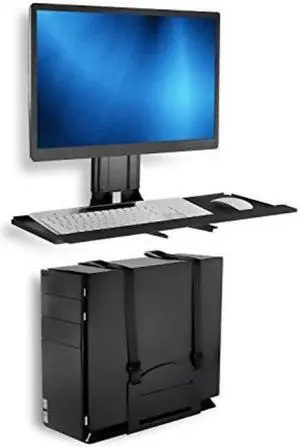 mountit! monitor and keyboard wall mount with cpu holder, height adjustable standing vesa keyboard tray, 25 inch wide platform with mouse pad mi7919