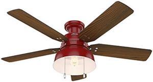 hunter indoor / outdoor low profile ceiling fan with light and pull chain control  mill valley 52 inch, red, 59312