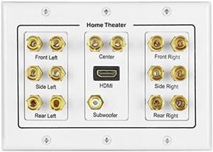 tnp home theater speaker wall plate outlet  7.1 surround sound audio distribution panel, gold plated copper banana plug binding post coupler, rca lfe jack for subwoofer, hdmi port uhd 4k hd 3gang