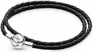 pandora  black leather charm bracelet with sterling silver, 16.1 in / 41 cm