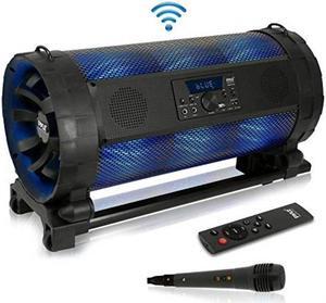 portable bluetooth boombox stereo system  600 w digital outdoor wireless loud speaker w/led lights, fm radio, mp3 player, usb, wheels  includes karaoke microphone, remote control  pyle pbmspg198