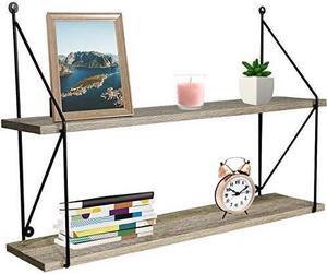 sorbus floating shelf with metal brackets  wall mounted rustic wood wall storage, decorative hanging display for trophy, photo frames, collectibles, and much more 2tier  grey