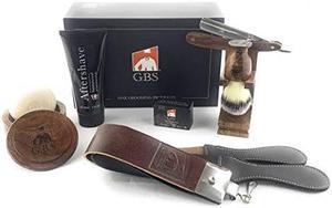 gbs beginner straight razor set 5/8" folding carbon steel shave ready wood scale razor with natural glycerin soap 4" synthetic animal free vegan brush stand aftershave 21" strop  gift box wet shaving