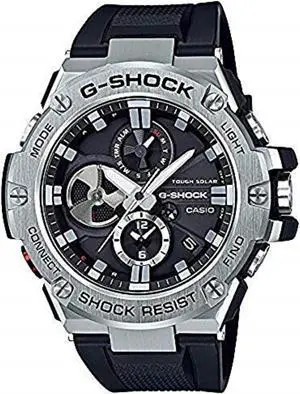casio men's 'gsteel by gshock' quartz solar bluetooth connected resin dress watch, color: black model: gstb1001acr