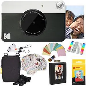 kodak printomatic instant camera black gift bundle + zink paper 20 sheets + deluxe case + 7 fun sticker sets + twin tip markers + photo album + hanging frames + comfortable neck strap