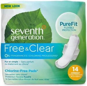 seventh generation ultra thin pads, overnight with wings, chlorine free, 14 count packaging may vary