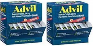 advil 100 packets of 2 capsules pain reliever/fever reducer coated tablet, individually sealed, 200mg ibuprofen, temporary pain relief, travel pack, greeting cards included