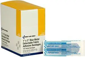 First Aid Only Adhesive Blue Metal Detectable Bandages 1 x 3 Plastic w/Foil 100/Box H175