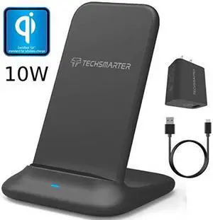 Techsmarter Fast Charging Wireless Charger Stand Dock, Qi Certified. Compatible with Apple iPhone 8,X,XR,XS,11 Samsung Galaxy S7,S8,S9,S10, Note 8,9,10, LG ThinQ V30, V35, V40, G6, G7,G8