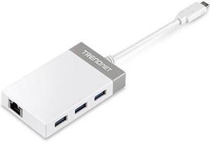 TRENDnet USB C to Ethernet Gigabit Adapter, TUC-ETGH3, Compact USB Type C Hub, 3 x USB 3.0 Ports, 1 x RJ-45 Gigabit Ethernet Port, Windows and Mac Compatible, White