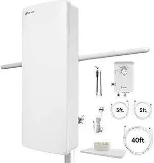 antop hdtv  fm amplified antenna outdoor indoor 85 miles at800sbs antenna with dual outputs smart boost system, support tv and second devicefm stereo, a second tv or any otaready streaming device