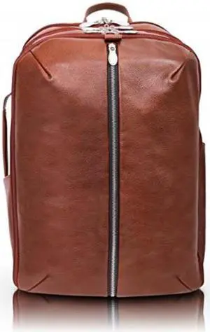 mcklein englewood, pebble grain calfskin leather, 17" leather, triple compartment, carryall, laptop & tablet weekend backpack, brown 18894