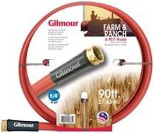 Farm and Ranch Heavy Duty Garden Hose w/Brass Fittings, 5/8" ID, 90' L, Red Red