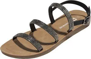 Alpine Swiss Womens Strappy Rhinestone Sandals Gladiator Ankle Strap Flat Shoes