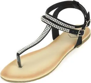 Alpine Swiss Womens Rhinestone T-Strap Sandals Ankle Strap Flat Summer Shoes